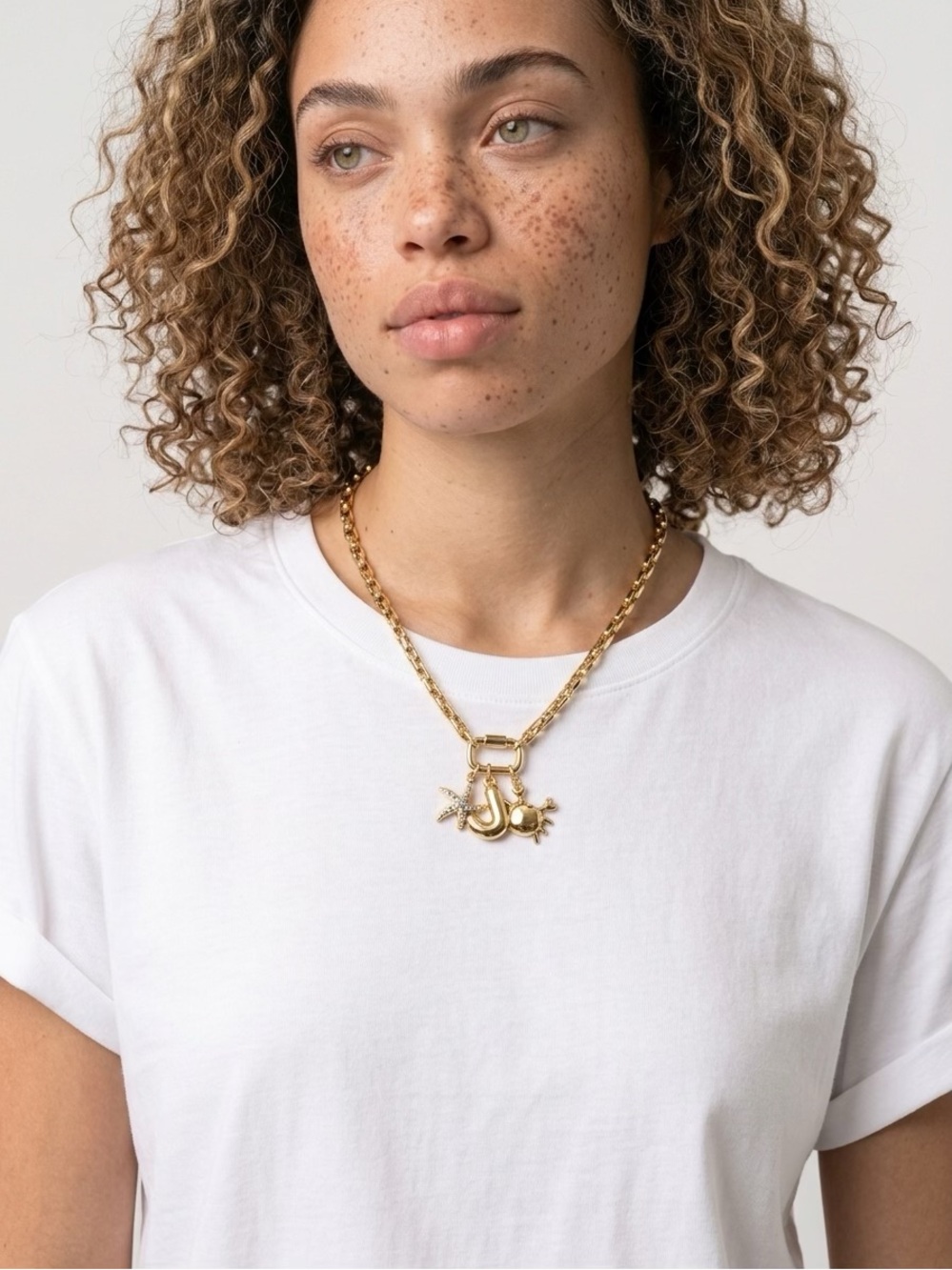Gold Plated Charm Link Necklace with Starfish, J and Sun Charms #Personlized